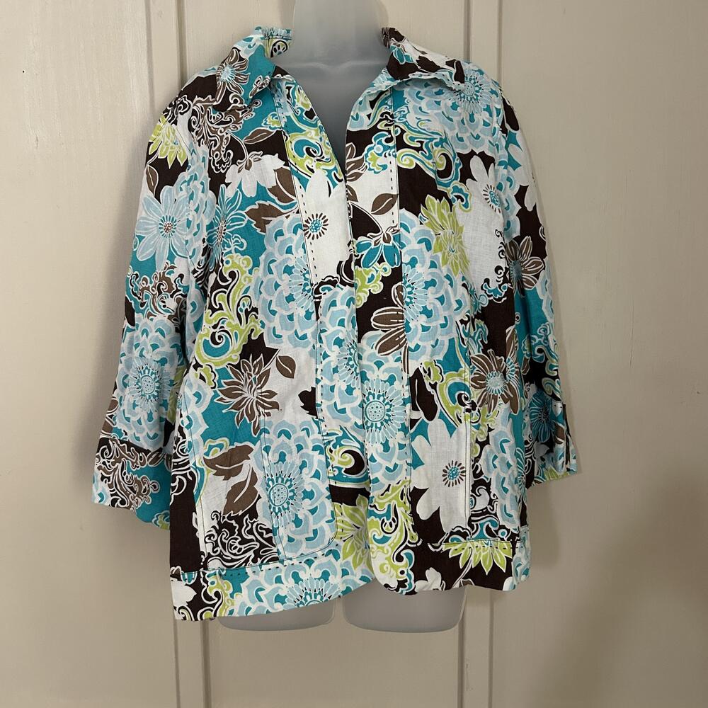 Blazer Womens Large Multicolor Floral 3/4 Sleeve Collared Lined Cotton Jacket